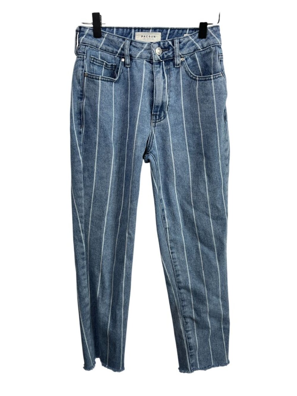 PacSun Mom Jeans Womens 23 High Rise Blue Stripe Frayed Hem Y2K Denim
